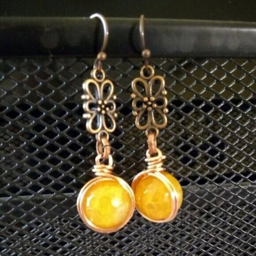 Easter Earth Tones • Dragonvein Agate • Vibrant Copper Boho Dangle Earrings - Picture 1 of 4